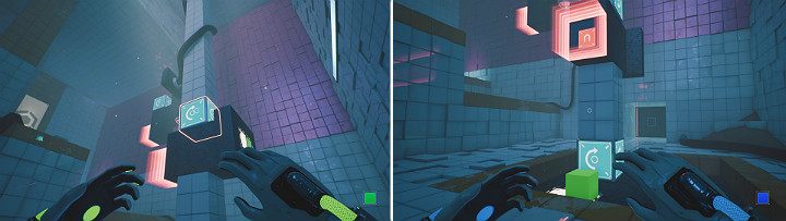 Move the upper head to the right to place the magnet over the green cube - QUBE 2 - Chapter 7 - The Edge - Walkthrough - Q.U.B.E. 2 Game Guide