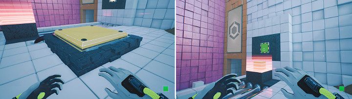 Climb the large button and wait until the crane moves the magnet to the wall, then create a green cube and place it on the magnet - QUBE 2 - Chapter 7 - The Edge - Walkthrough - Q.U.B.E. 2 Game Guide