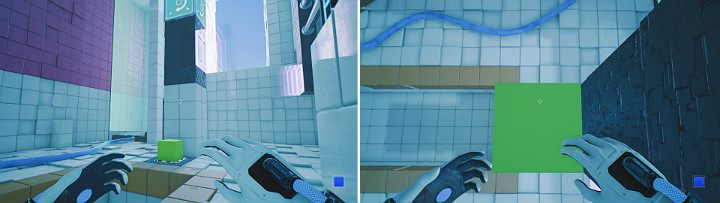 Go back to the head and create a green cube on the top panel, then eject it out to drop it down - QUBE 2 - Chapter 7 - The Edge - Walkthrough - Q.U.B.E. 2 Game Guide