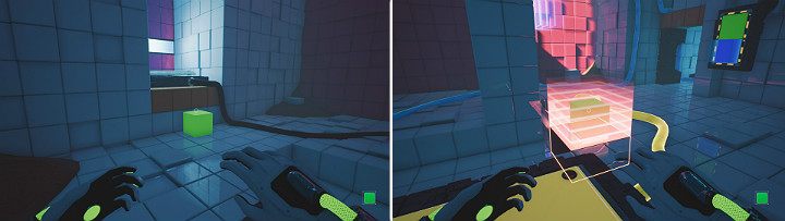 A green cube will fly through the room and create a step so your character can press another big button - QUBE 2 - Chapter 7 - The Edge - Walkthrough - Q.U.B.E. 2 Game Guide