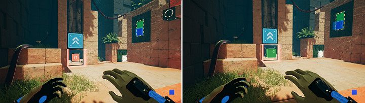 Move the blue crane to the bottom, then create a green and blue cube on the side panel - QUBE 2 - Chapter 8 - The Fall of Man - Walkthrough - Q.U.B.E. 2 Game Guide