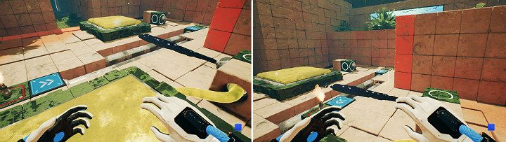 Stand on the large button as shown in the screenshot above, then activate the device found on your left - QUBE 2 - Chapter 8 - The Fall of Man - Walkthrough - Q.U.B.E. 2 Game Guide