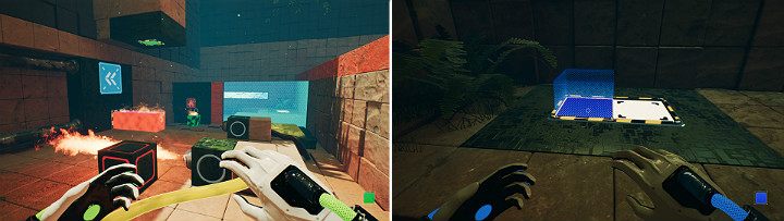 Orange cube will catch fire, moving the green cube and unlocking the door in progress - QUBE 2 - Chapter 8 - The Fall of Man - Walkthrough - Q.U.B.E. 2 Game Guide