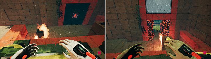 Wait for the green cube to be engulfed in flames and continue to the second button to activate an oil dispenser that will turn into a flamethrower - QUBE 2 - Chapter 8 - The Fall of Man - Walkthrough - Q.U.B.E. 2 Game Guide