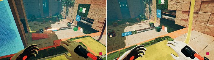 Direct the floor crane left to activate the flames, then descend from the platform and stand on the large button below - QUBE 2 - Chapter 8 - The Fall of Man - Walkthrough - Q.U.B.E. 2 Game Guide