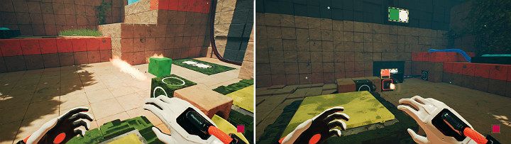 You need to use the opportunity and jump onto the middle button during the time the green cube travels to the right side of the room - QUBE 2 - Chapter 8 - The Fall of Man - Walkthrough - Q.U.B.E. 2 Game Guide