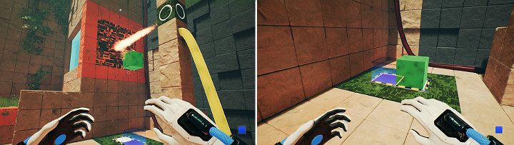 When the green cube catches fire, jump on the third button and create a blue cube at the bottom part of the panel - QUBE 2 - Chapter 8 - The Fall of Man - Walkthrough - Q.U.B.E. 2 Game Guide