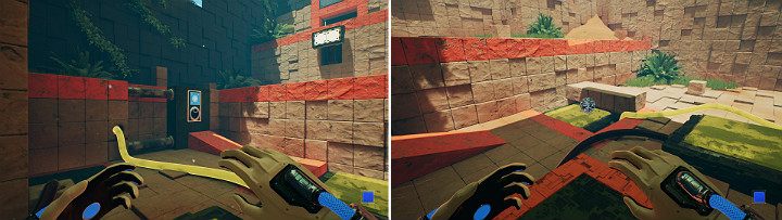 Stand on a large button to activate the mechanism and release the sphere from the wall in order for it to roll across the incline - QUBE 2 - Chapter 9 - Memories of God - Walkthrough - Q.U.B.E. 2 Game Guide