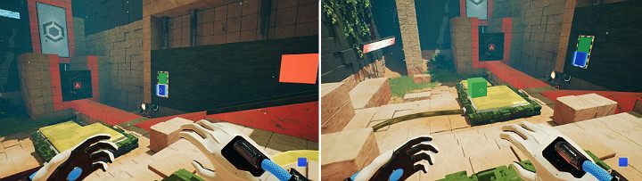 Create a green and blue cube on the crane panel, as shown in screenshot 1 - QUBE 2 - Chapter 9 - Memories of God - Walkthrough - Q.U.B.E. 2 Game Guide