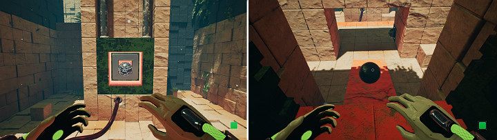 When the green cube gets covered with oil, jump on it and change the magnets color to blue - QUBE 2 - Chapter 9 - Memories of God - Walkthrough - Q.U.B.E. 2 Game Guide