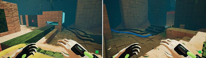 When the sphere lands on the green part of the incline, step onto the large button to raise it up - QUBE 2 - Chapter 9 - Memories of God - Walkthrough - Q.U.B.E. 2 Game Guide