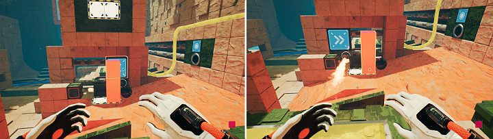 Create a sphere in the panel on your right and wait for it to get covered in oil, then move the crane left to activate the flamethrower and delete the orange cube - QUBE 2 - Chapter 9 - Memories of God - Walkthrough - Q.U.B.E. 2 Game Guide