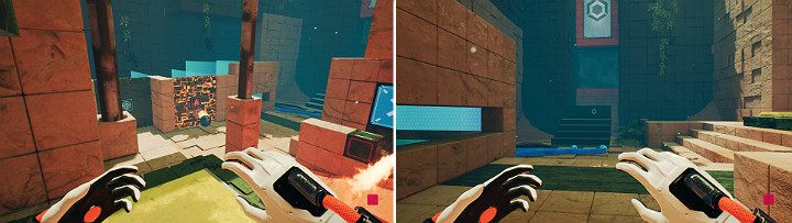 The burning sphere will open the door leading to the next button that activates a new part of the stairs - QUBE 2 - Chapter 9 - Memories of God - Walkthrough - Q.U.B.E. 2 Game Guide