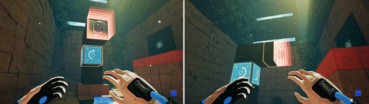 When the magnet attracts the sphere, rotate the head right and change the magnets color to blue - QUBE 2 - Chapter 9 - Memories of God - Walkthrough - Q.U.B.E. 2 Game Guide