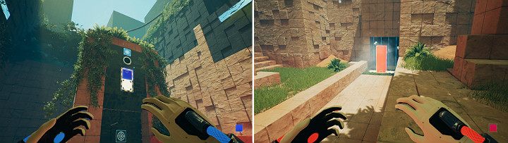 Create a blue cube at the upper panel, then rotate in the direction of the fan and create an orange cube in the middle of the panel - QUBE 2 - Chapter 9 - Memories of God - Walkthrough - Q.U.B.E. 2 Game Guide