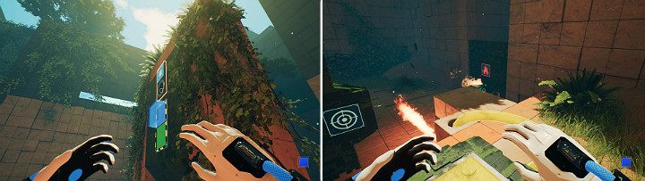 Jump on the green cube then climb to the platform found on the right side of the area and create a blue cube then release the sphere and step on the button located above to create a flamethrower - QUBE 2 - Chapter 9 - Memories of God - Walkthrough - Q.U.B.E. 2 Game Guide