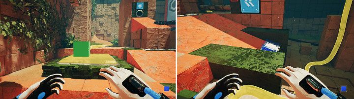 Stand on a large button at the end of the location, and use the upper left panel to create a green cube and place it on large button in front of you to activate the oil dispenser - QUBE 2 - Chapter 9 - Memories of God - Walkthrough - Q.U.B.E. 2 Game Guide