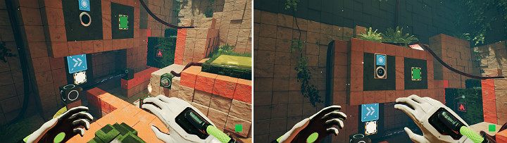 While standing on the button on your left, create a green cube on the right side panel and wait for it to get covered in oil - QUBE 2 - Chapter 9 - Memories of God - Walkthrough - Q.U.B.E. 2 Game Guide