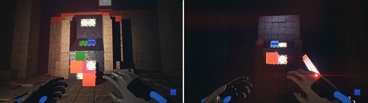 Create two orange cubes at the bottom panel, then create and release a green cube from the middle panel - QUBE 2 - Chapter 10 - Uncomfortable Truths - Walkthrough - Q.U.B.E. 2 Game Guide