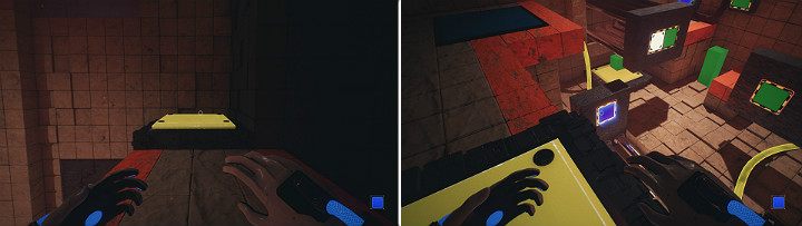 Stand on the large button and activate a blue cube on the bottom panel of the crane - QUBE 2 - Chapter 10 - Uncomfortable Truths - Walkthrough - Q.U.B.E. 2 Game Guide