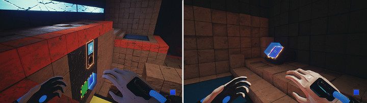 Release the sphere from the hole on your left to unlock the door, then continue forward and jump to the other side of the room by using the blue cube - QUBE 2 - Chapter 10 - Uncomfortable Truths - Walkthrough - Q.U.B.E. 2 Game Guide