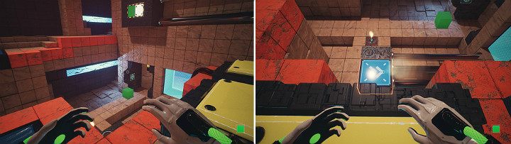 Create a green cube on your left and throw it to the bottom, then move the crane to the right side - QUBE 2 - Chapter 10 - Uncomfortable Truths - Walkthrough - Q.U.B.E. 2 Game Guide