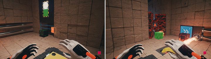 Place the orange cube behind the green cube and release it to push the green cube forward - QUBE 2 - Chapter 10 - Uncomfortable Truths - Walkthrough - Q.U.B.E. 2 Game Guide