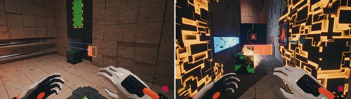 Stay on the button and click on the orange cube to push the green cube to the corridor - QUBE 2 - Chapter 10 - Uncomfortable Truths - Walkthrough - Q.U.B.E. 2 Game Guide