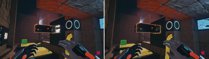 Stand on the farthest button to activate the oil dispenser and use the left side panel to create an orange beam that will get covered with oil - QUBE 2 - Chapter 10 - Uncomfortable Truths - Walkthrough - Q.U.B.E. 2 Game Guide