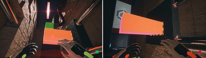 Move the upper crane to the panel, then create two orange cubes and place two green ones on top of them - QUBE 2 - Chapter 10 - Uncomfortable Truths - Walkthrough - Q.U.B.E. 2 Game Guide