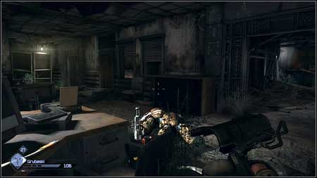 Take cover behind the desk or the wall and after a moment start running around the room avoiding enemy fire - Gearhead Vault - p. 1 | Main missions - Main missions - Rage Game Guide & Walkthrough