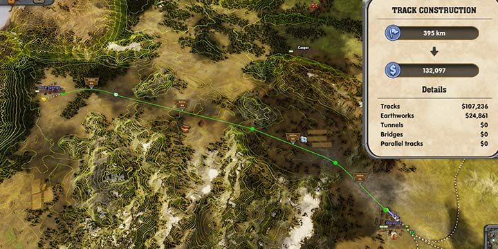 Small modifications to the route between the mountains will significantly affect the cost of building a new connection. - Chapter 1 - Great Plains | Campaign in Railway Empire - Campaign - Railway Empire Game Guide