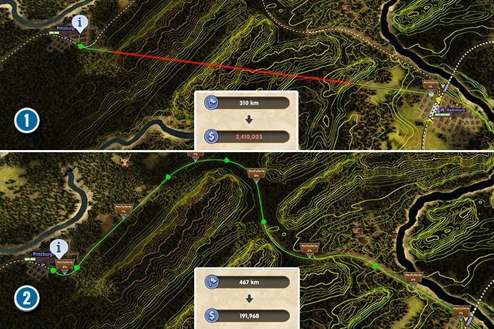 Building connections in difficult terrain can be expensive (1), but the proper and thoughtful use of the terrain can reduce the expenses for building new tracks (2). - Chapter 2 - The early days | Campaign in Railway Empire - Campaign - Railway Empire Game Guide