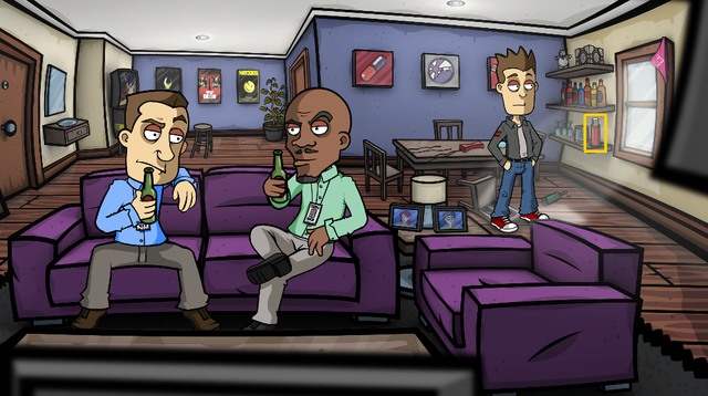 Go to living room and give beers to Ned and Ted - Escape from Matts flat - Day 3 - Monday: Mortimers dungeon - Randals Monday - Game Guide and Walkthrough