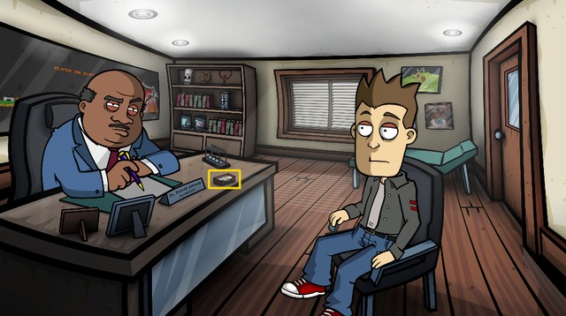 When the doctor will be writing, steal his business card - Get psychiatrists business card - Day 3 - Monday: Mortimers dungeon - Randals Monday - Game Guide and Walkthrough