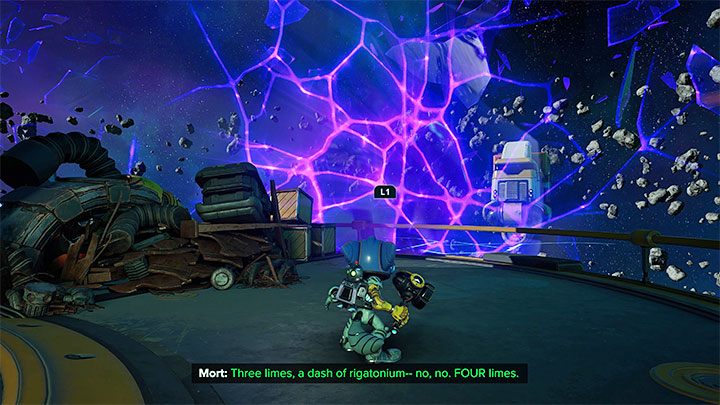 By exploring the nearby platforms, you will find the Pocket Dimension shown in the image - Ratchet & Clank Rift Apart: Scarstu Debris Field - collectibles, list, map - Secrets and Collectibles - Ratchet & Clank Rift Apart Guide