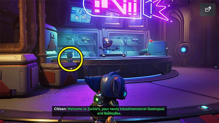 The bear is located in the Gastropub, in the first room where the weapons of the guests of the establishment are stored - Ratchet & Clank Rift Apart: Scarstu Debris Field - collectibles, list, map - Secrets and Collectibles - Ratchet & Clank Rift Apart Guide