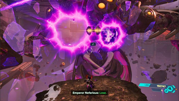 You must take turns while attacking the boss' eyes and new monitors until his health bar drops to 0% - Ratchet & Clank Rift Apart: Emperor Nefarious, the final boss - how to defeat him? - Bosses - Ratchet & Clank Rift Apart Guide