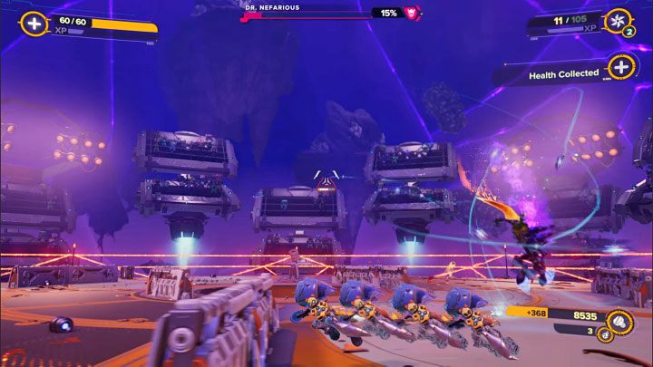 During battles, again watch out for red boxes, which can be a convenience (weakening bosses and surrounding enemies) or a hindrance (accidentally detonating near Rivet) - Ratchet & Clank Rift Apart: Doctor Nefarious, return to the Arena - how to defeat the boss? - Bosses - Ratchet & Clank Rift Apart Guide