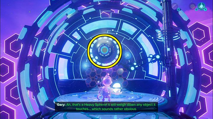 Stay in the area where you obtained the second heavy sphere and throw it at the top slot of the working fan marked in the picture - Ratchet & Clank Rift Apart: Repairing the anomaly and getting to the drill - walkthrough - Blizar Prime - Ratchet & Clank Rift Apart Guide