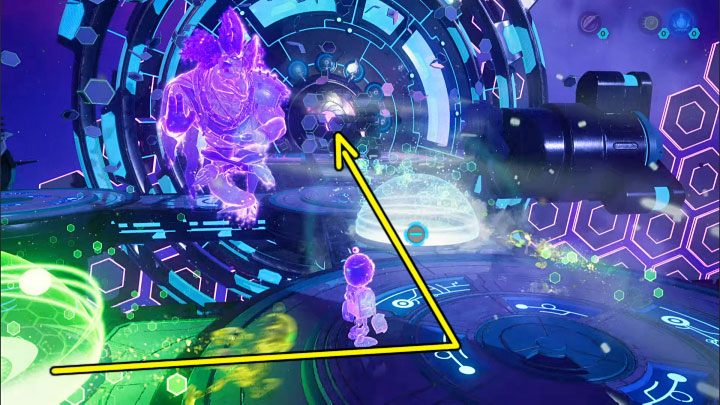 Once all the spheres are placed correctly, the clones will smash the wall blocking the path leading to the meta-terminal and then they will unlock the exit after hitting it for a while - Ratchet & Clank Rift Apart: Repairing the anomaly and getting to the drill - walkthrough - Blizar Prime - Ratchet & Clank Rift Apart Guide