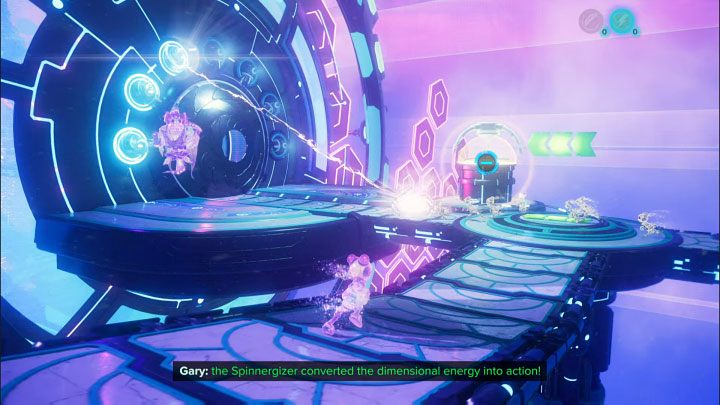 By using the electric sphere on the generator, the arrow plate has rotated and the projections will now run up to and collide with the meta-terminal - Ratchet & Clank Rift Apart: Kit, Return to Sargasso - puzzle guide, list - Clank and Kit Riddles - Ratchet & Clank Rift Apart Guide