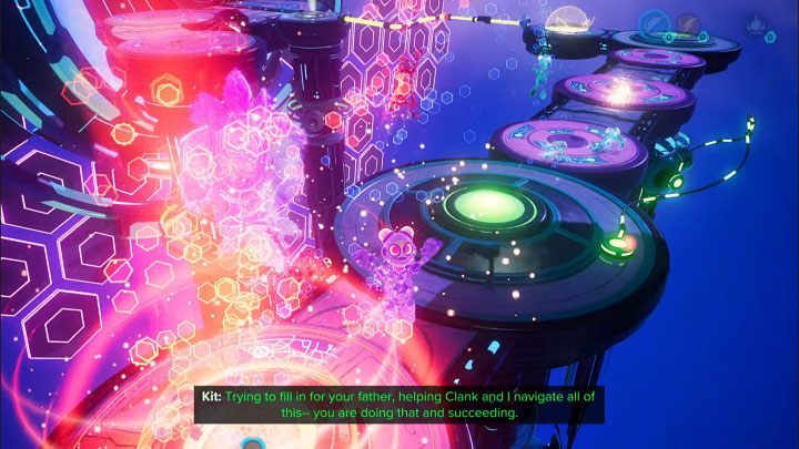 Select the lift sphere from your inventory and throw it at the slot shown in picture 1, which is in the path of the projections - Ratchet & Clank Rift Apart: Kit, Return to Sargasso - puzzle guide, list - Clank and Kit Riddles - Ratchet & Clank Rift Apart Guide