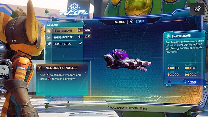 Shatterbomb costs 1,250 bolts - Ratchet & Clank Rift Apart: Weapons - List - Basics - Ratchet & Clank Rift Apart Guide