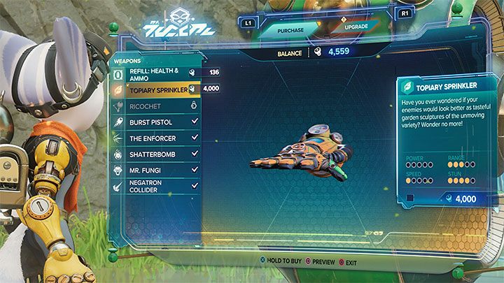 Topiary Sprinkler costs 4,000 bolts - Ratchet & Clank Rift Apart: Weapons - List - Basics - Ratchet & Clank Rift Apart Guide