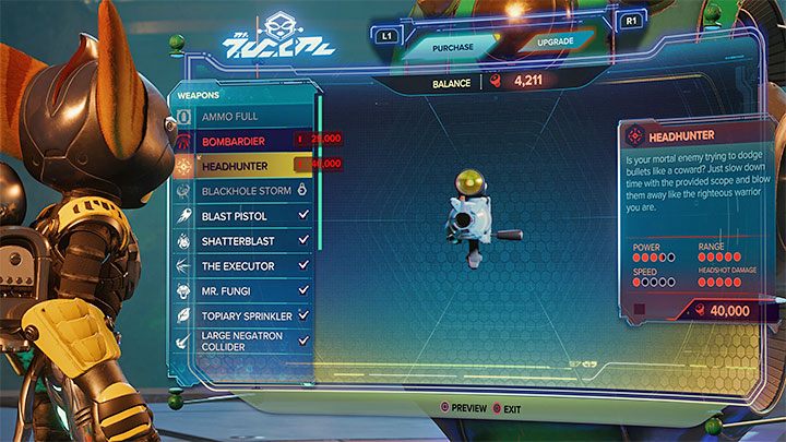 The Headhunter costs 40000 bolts - Ratchet & Clank Rift Apart: Weapons - List - Basics - Ratchet & Clank Rift Apart Guide