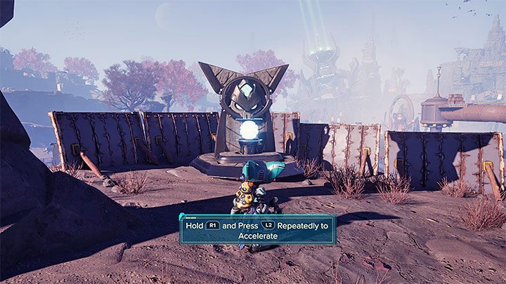 Bouncing off the ramp at high speed will allow you to reach a high ledge with the shrine - Ratchet & Clank Rift Apart: Gaining Lombax Lore - walkthrough, shrines - Savali - Ratchet & Clank Rift Apart Guide