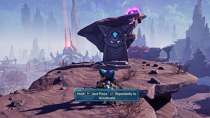 While in flight, pull yourself to the gap marked in picture 1 - Ratchet & Clank Rift Apart: Gaining Lombax Lore - walkthrough, shrines - Savali - Ratchet & Clank Rift Apart Guide