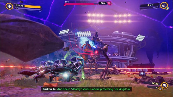 The Undead Grunthor is able to hurl large boulders - Ratchet & Clank Rift Apart: Sue, Scarstu Debris Field - how to defeat? - Bosses - Ratchet & Clank Rift Apart Guide