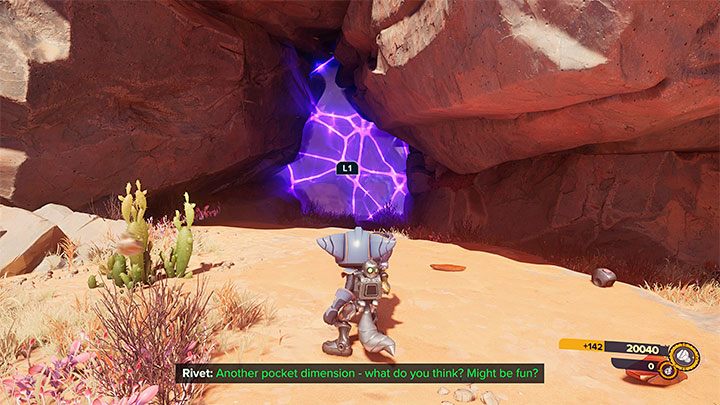 Once you land there successfully, dispose of the some more weak monsters and look around for the pocket dimension shown in the screenshot, which is hidden among the rocks - Ratchet & Clank Rift Apart: Reboot the Fixer - walkthrough - Torren IV - Ratchet & Clank Rift Apart Guide